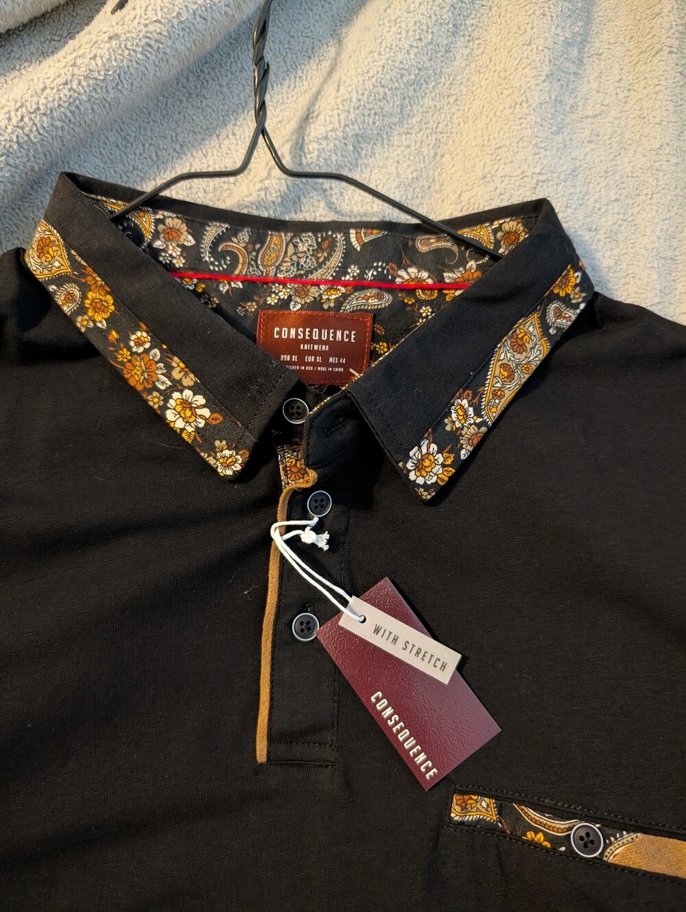 Consequence Men’s Black Polo with Paisley-Trim Collar